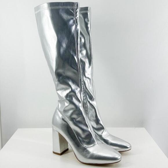 SIMMI LONDON TALULLA SILVER PATENT BLOCK HEEL KNEE HIGH BOOTS - Picture 3 of 6